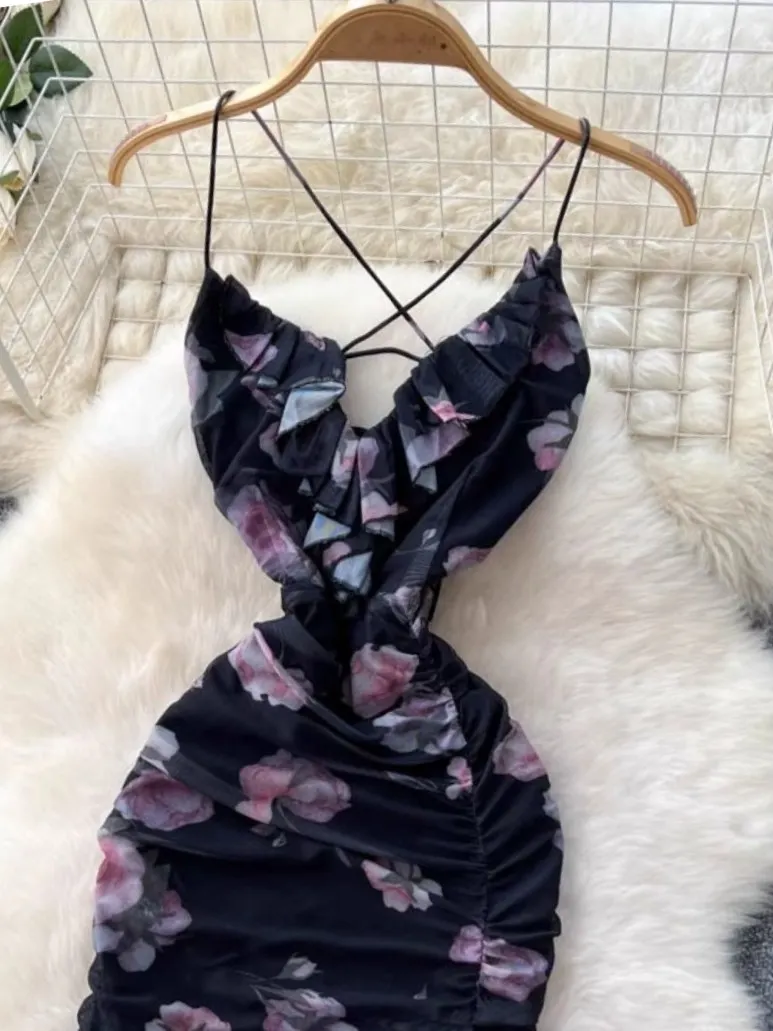 Foamlina 꽃 메쉬 v 넥 프릴 홀터 드레스 여성 여름 프랑스 휴가 Boho 스플 라이스 허리 미디 드레스 해변 해변