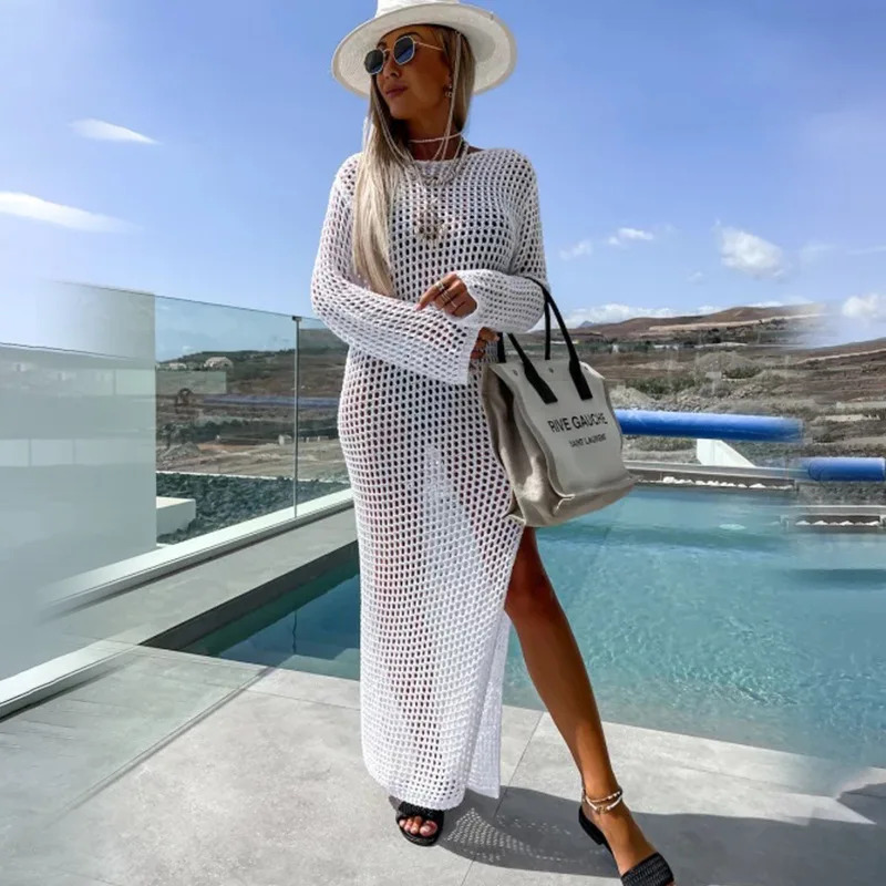 

2023 Summer Women's New Fashionable Hollow Out Round Neck Split Loose Long Dress