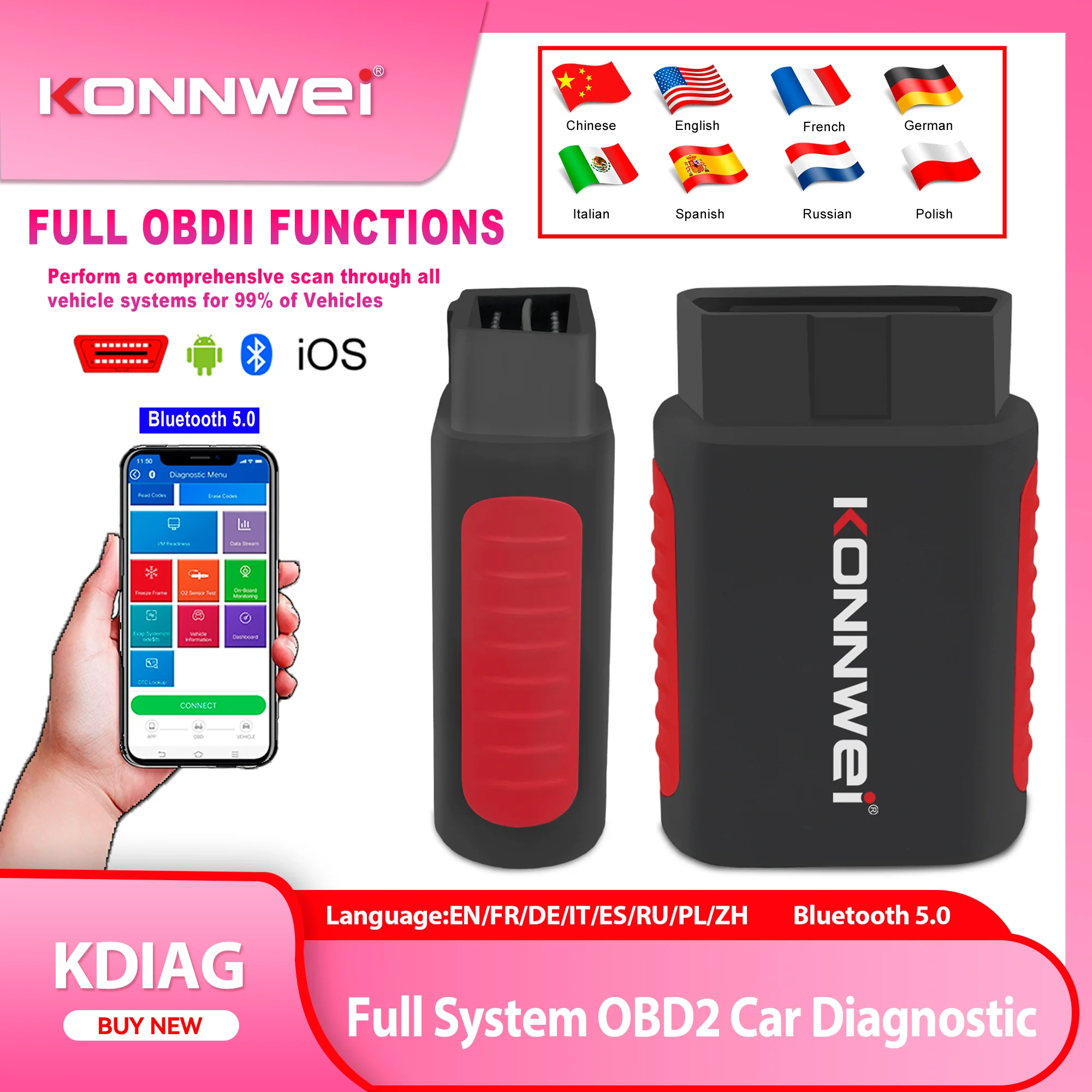 

KONNWEI KDIAG Full System OBD2 Auto Scanner Reset SAS EPB Service ECU Programmer Bluetooth OBD Car Diagnostic Tool Pk Thinkdiag