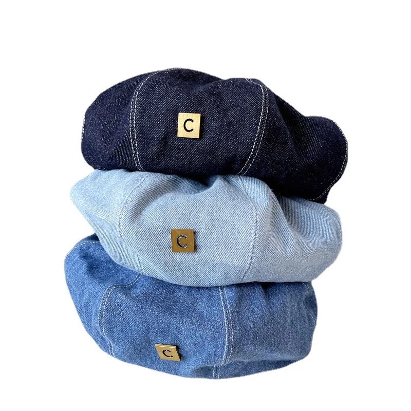 European Style Street Spring Berets Women Letter Logo Blue Denim Fabric Painter Cap Summer Sun Visors Boina Hombre Chapeau Femme