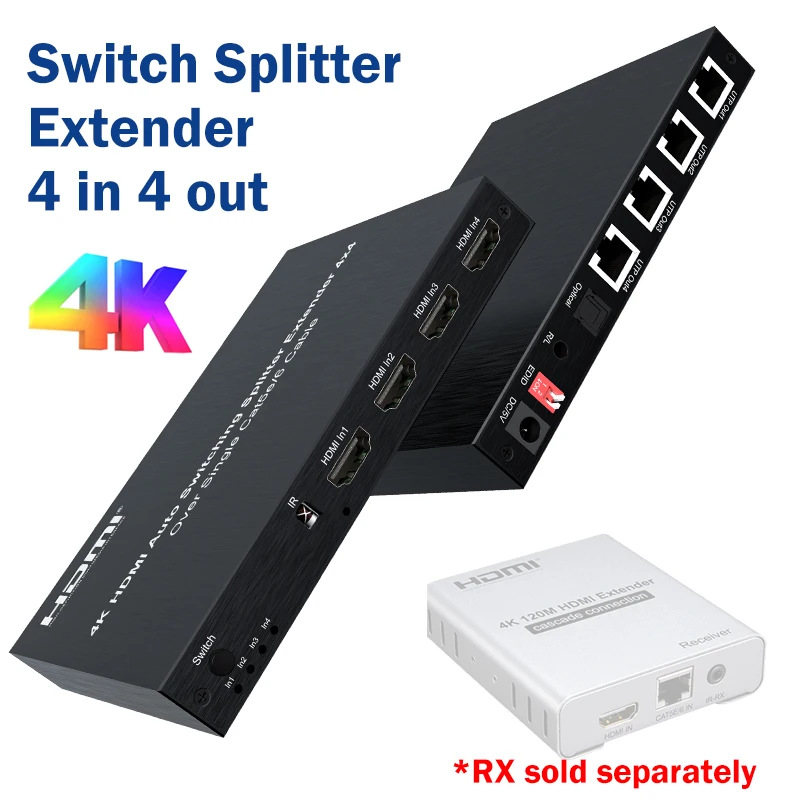 

4K HDMI Switch Splitter Extender 4x4 HDMI Switch Extender with 4-port UTP RJ45 over Ethernet Cat5e/6 to 60M 120M with Audio Out