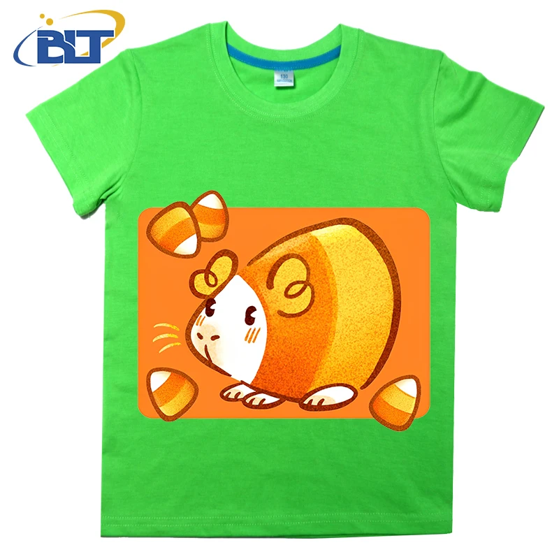 T-shirt de manga curta de algodão para menino e menina, top casual de manga curta, laranja estampado, cobaia, verão