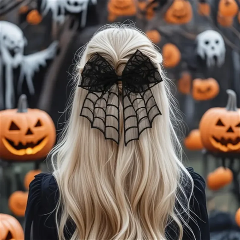 

1 Gothic punk spider web bow hair clip - Women's black lace hair accessory, exquisite design, perfect Halloween gift