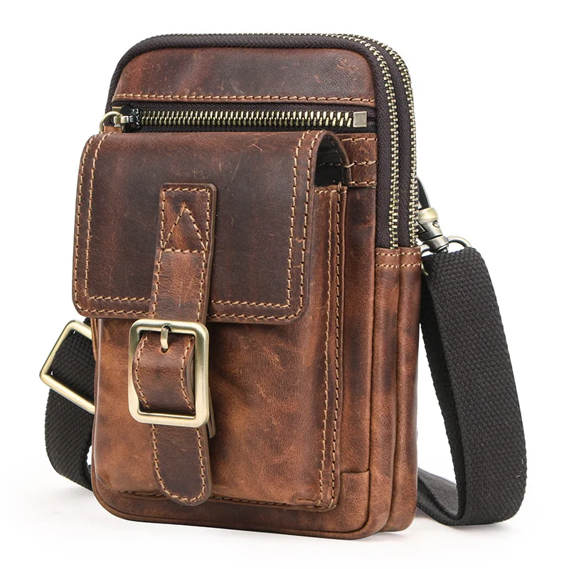 

Retro Cowhide Phone Bag Hanging Waist Crossbody Outdoor Travel Multifunctional Zipper Large Screen Phone Waist Bag