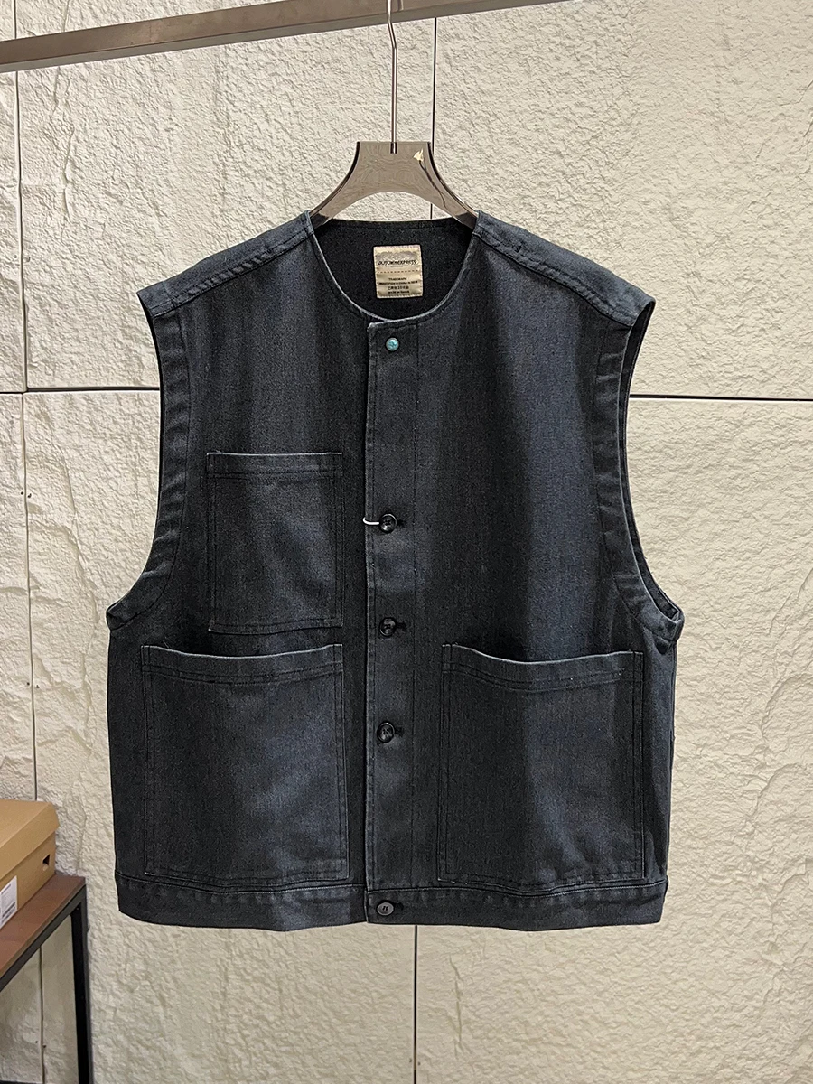 

Vintage Workwear Style Men's Vest Top Layering Autumn New Arrival Japanese Style Cotton Loose Fit round Neck Single Button