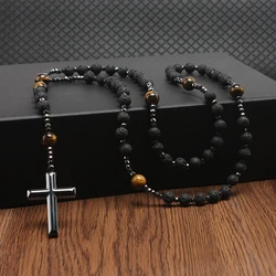 Natural Lava Stone Tiger-eye Beads Long Necklace with Hematite Cross Pendant for Men Rosary Jewelry