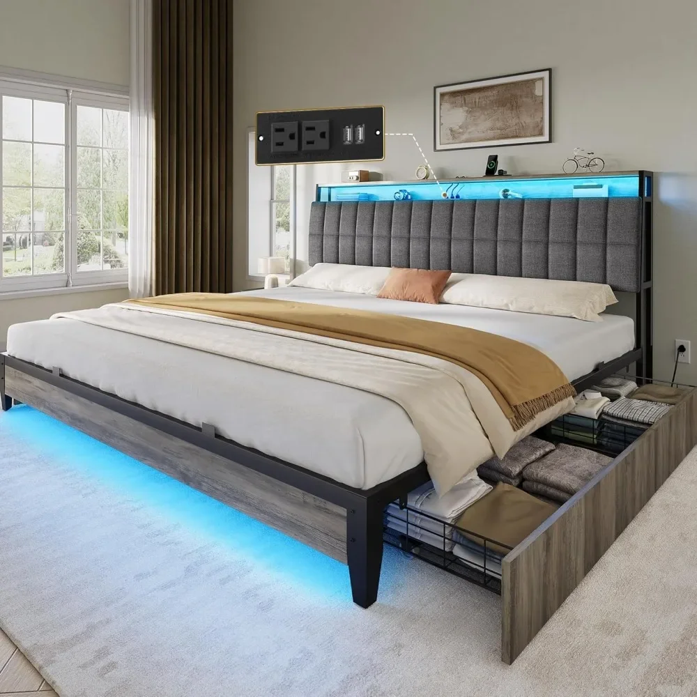 

King Size Bed Frame with RGB LED Lights and 4 Drawers, Upholstered Platform Bed with Charging Station and Storage Headboard