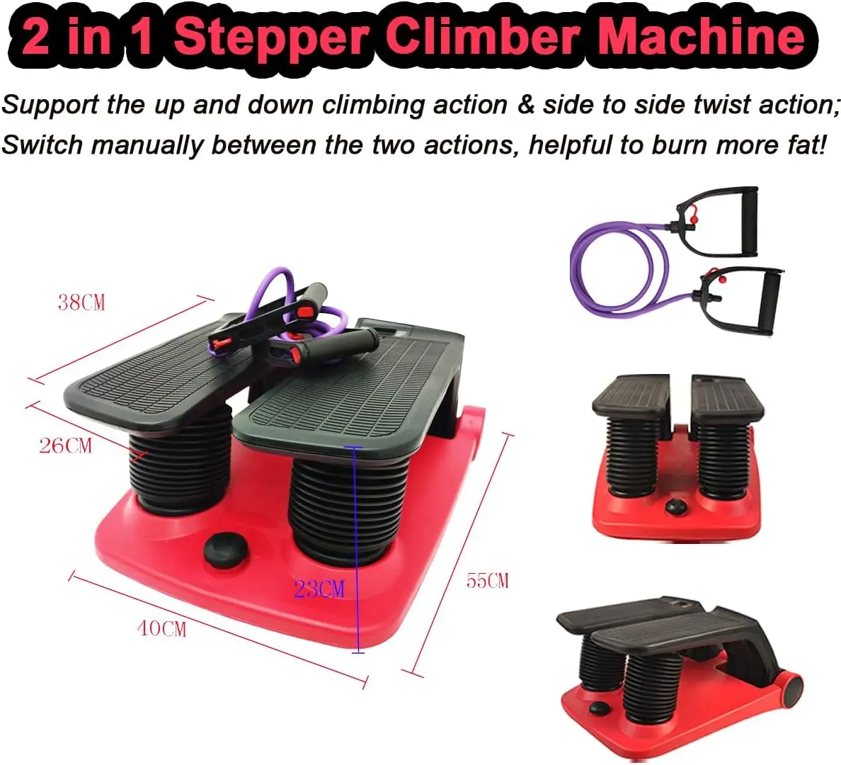 Stepper Climber Fitness Machine with Resistant Bands Portable Stair Stepper Exercise Equipment Low-Impact Cardio, Space-Saving,