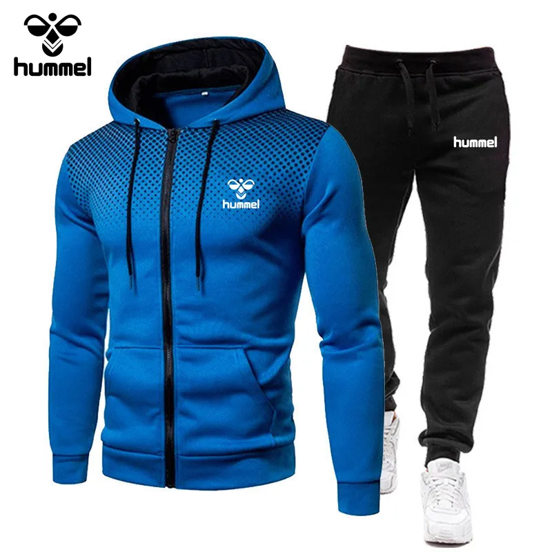 Fashion Men\'s HUMMEL Sportswear Zipper Hooded Sweatshirt and SweatPants Two Suits Men\'s Casual Fitness Jogging Sportswear