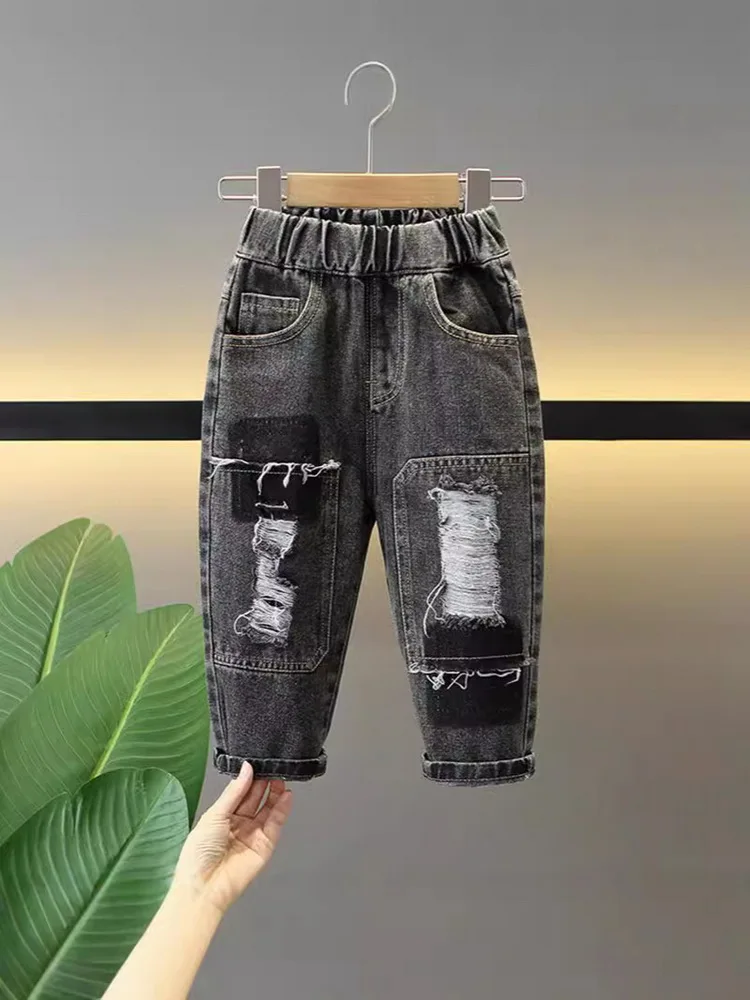 Casual Boy Jeans for Kids Streetwear Baggy Jeans Patchwork Ripped Dime Pants Girls Jeans 2-10Yr Spring Autumn Children Trousers