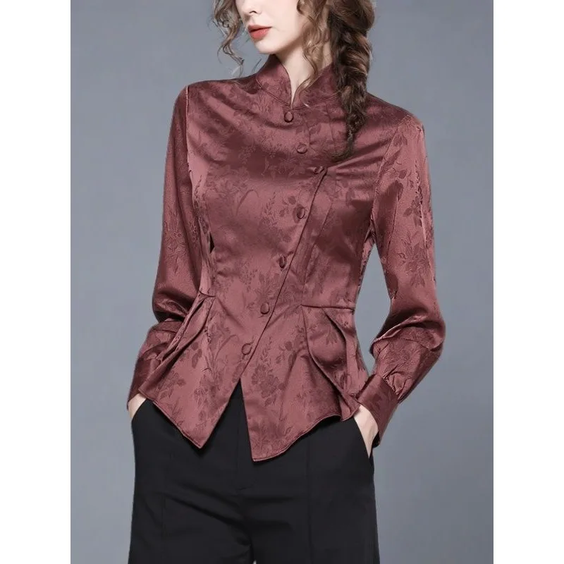 

Fashionable Chinese style jacquard stand collar shirt tops for women with irregular design waist 2025 chic cardigan