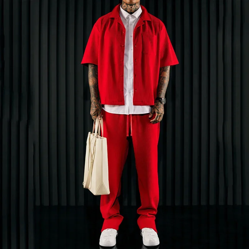 

New Men's Casual Loose Fit Shirt And Pants Two-Piece Set Short Sleeve Lapel Collar Trendy Solid Color Fashionable Male Suit