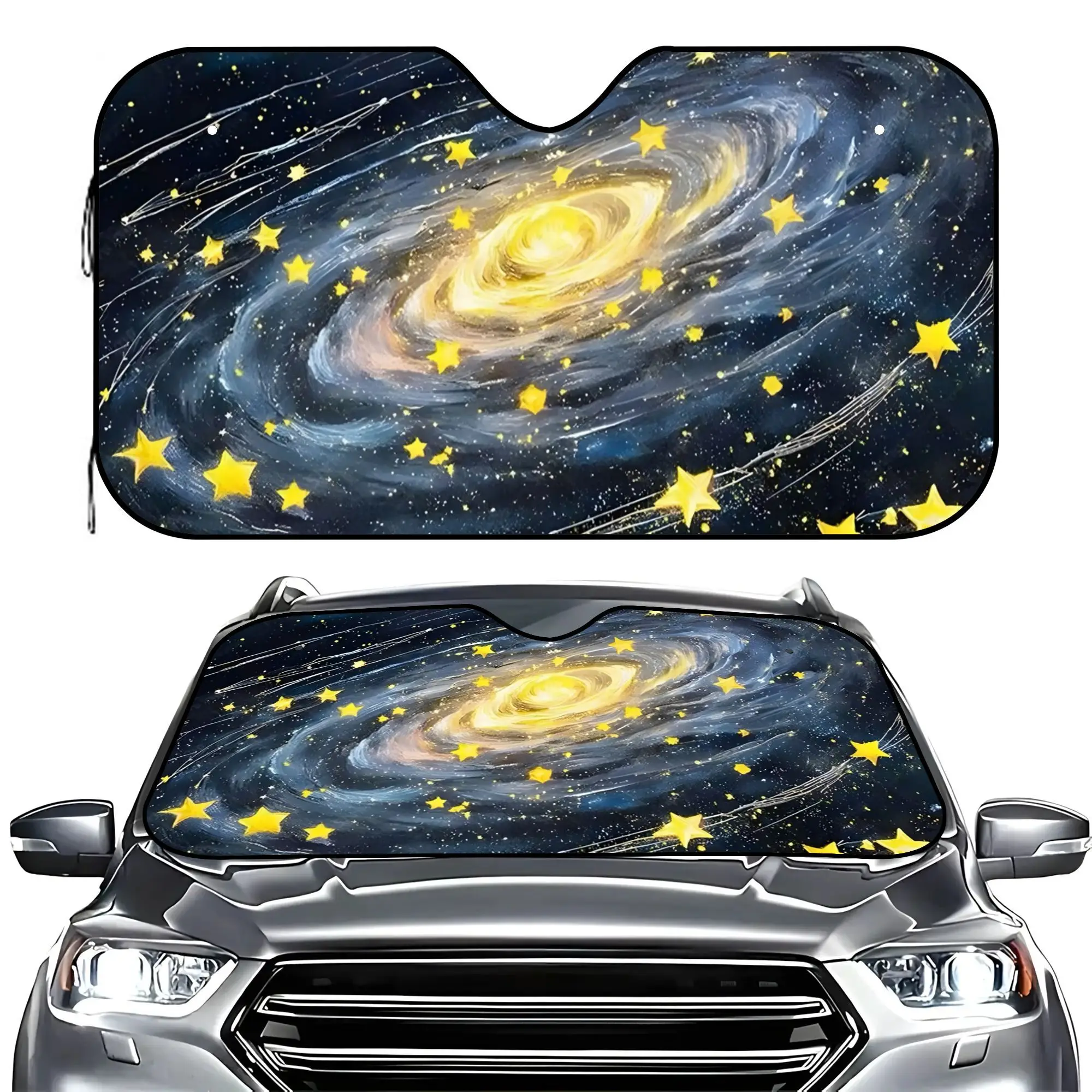 1pc Galaxy Vortex Dreamy Space Pattern Premium Car Sunshade Universal UV Scratch Resistant Windshield Protector With Cooling Eff