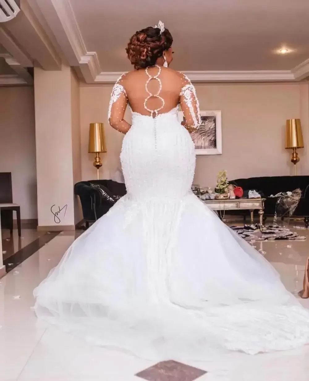 Customized Beading Mermaid Wedding Dresses Long Sleeve Appliques Pearls African Bridal Gowns Plus Size Vestido De Noiva