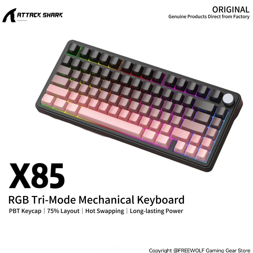 75% Layout X85 RGB Mechanical Keyboard,Attack Shark Side-engraved PBT characters,Fully Hot-swappable Keys,Aluminum Knobs
