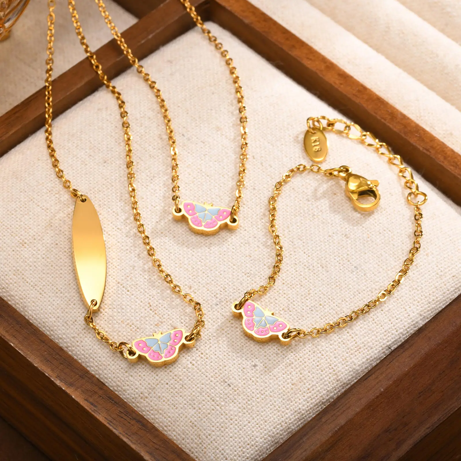 Set Chic Butterfly Bracelet Necklace for Baby, Cute Rolo Chain Necklaces Bracelets, Stainless Steel Gold Color Jewelry Gifts
