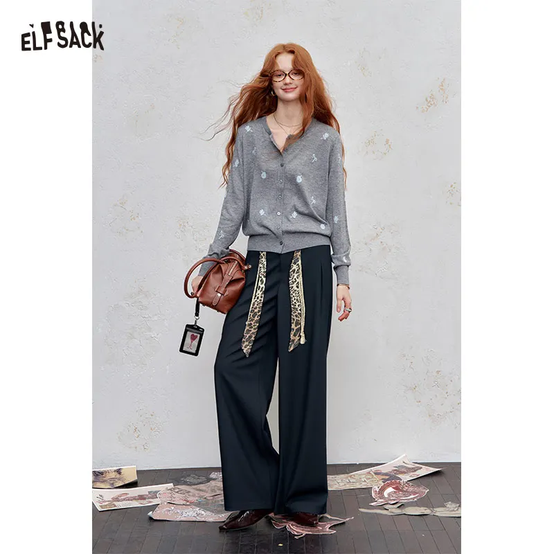 

ELFSACK 2025 Осенняя коллекция: Новые повседневные свободные брюки с леопардовым принтом, широкими штанинами и поясом для женщин