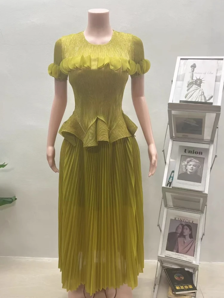 2025 여름 신상 미야케 플리츠 수트 솔리드 컬러 탑 + 롱 스커트 투피스 세트 루즈핏 여성 의류