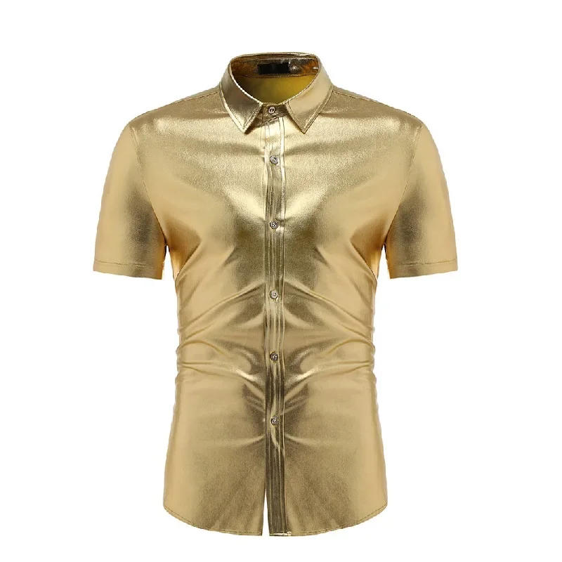 

Mens Metallic Shiny Nightclub Party Dress Shirts Camisa Masculina Fashion Gold Slim Fit Short Sleeve Shirt Men DJ Dance Costumes