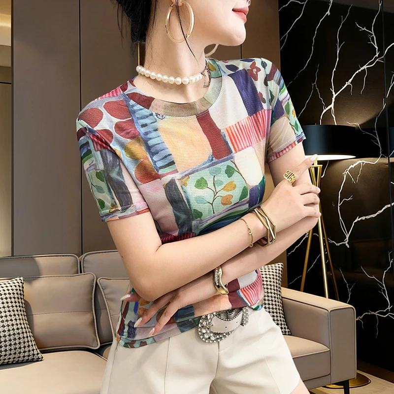 2026 new summer korean clothes mesh t-shirt fashion sexy o-neck printed Positioning women tops short Sleeve pullover tees