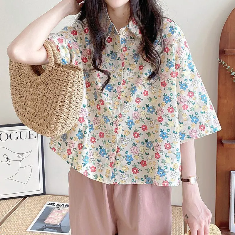 Summer New Polo-neck Elegant Fashion Printing Shirt Ladies Short Sleeve Loose Casual Vintage Buttons Blouse Women Harajuku Top