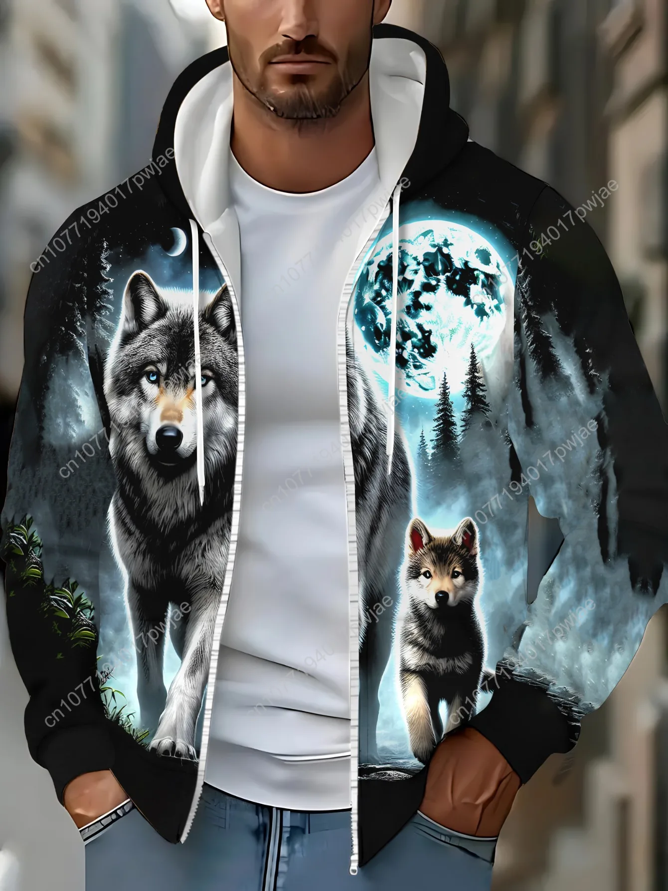 Мужская кепка на молнии с длинными рукавами, спортивная одежда, уютная толстовка с капюшоном для гостиной и волком, мягкая полиэфирная ткань, легкий и прочный