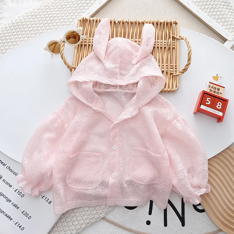 Baby Girls Sun Protection Jackets Summer Long Sleeve Rabbit Ear Hooded Lace Sunscreen Jacket Girs Lightweight Thin Outerwear