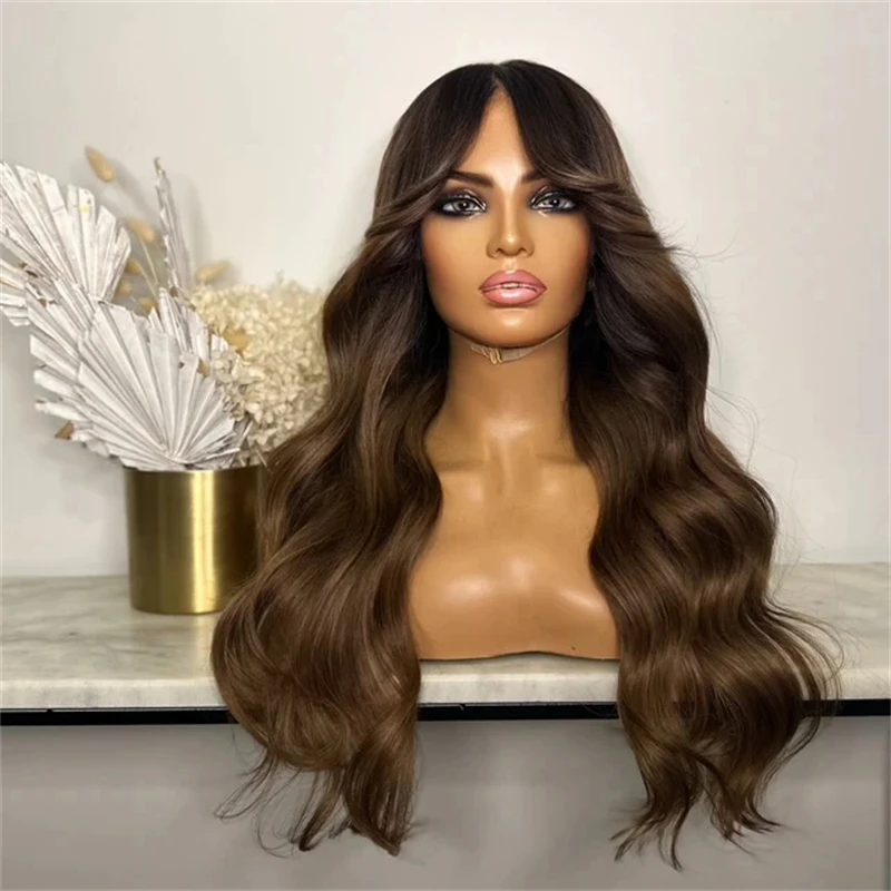 

Верхний бесклеевой парик 13x4 Ombre Шоколадно-коричневый парик с челкой Высококачественный синтетический парик спереди Малый/большой размер Кепка