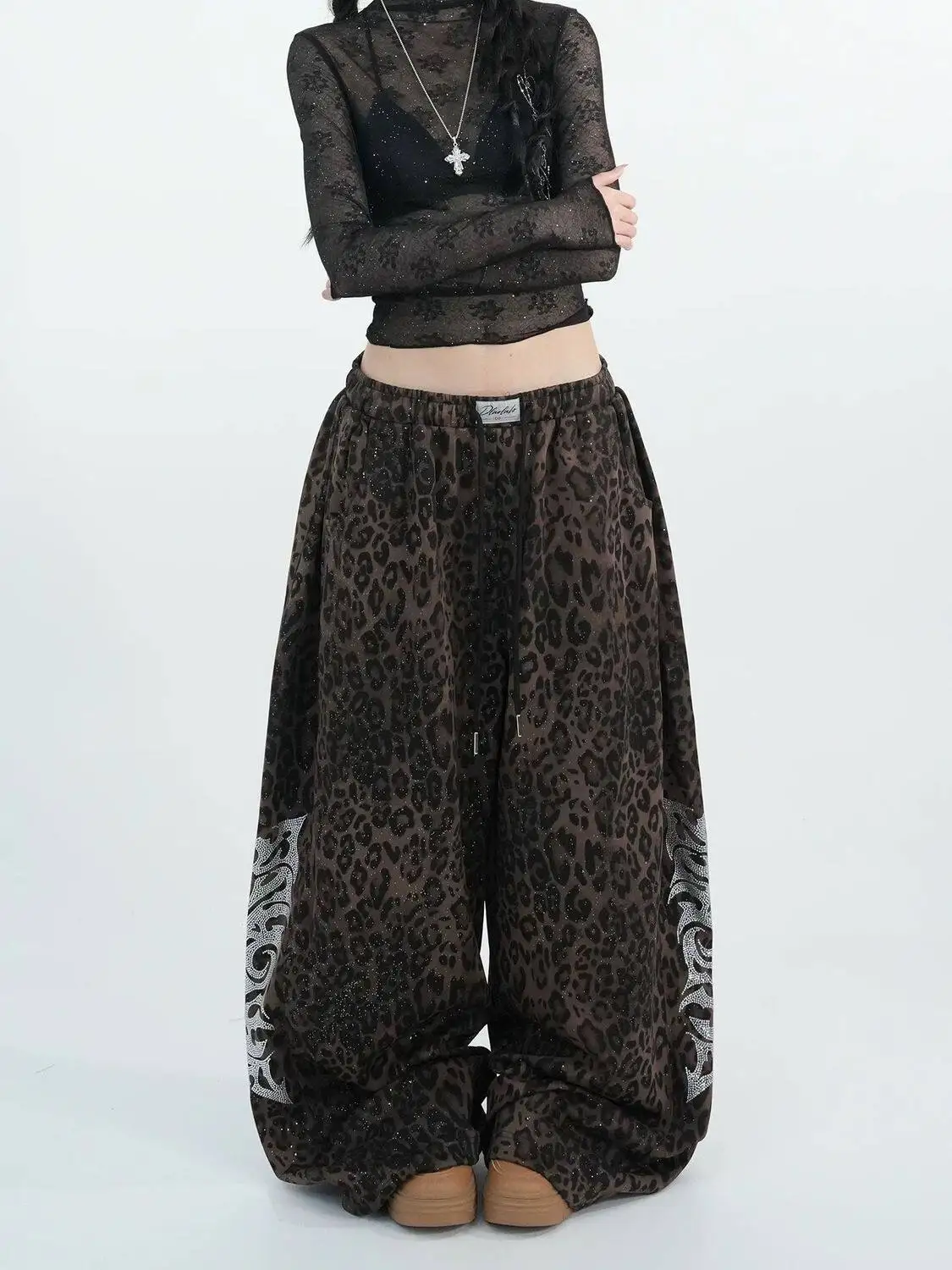 American Retro High Waist Wide Leg Straight Cut Denim Jeans Women's leopard Print Loose Fit Trousers casual straight pants
