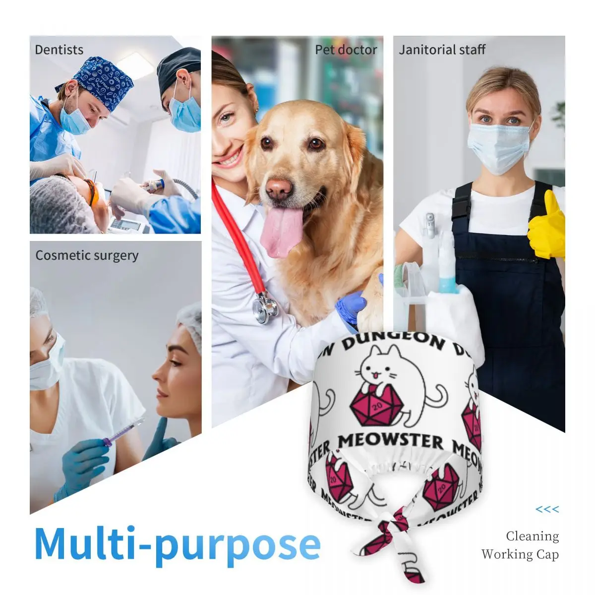 Dungeon Meowster DnD Dungeon Master Cat With D20 Scrub Hat Doctor Working Surgical Cap Men Women Adjustable Nursing Caps Dentist - view 6