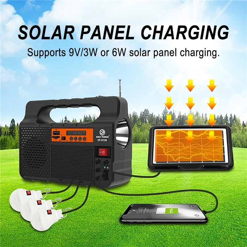 Solar Outdoor Flashlight Lamp Portable Energy Storage Power Supply Small System with 3pcs LED Bulbs Speaker Radio for Camping