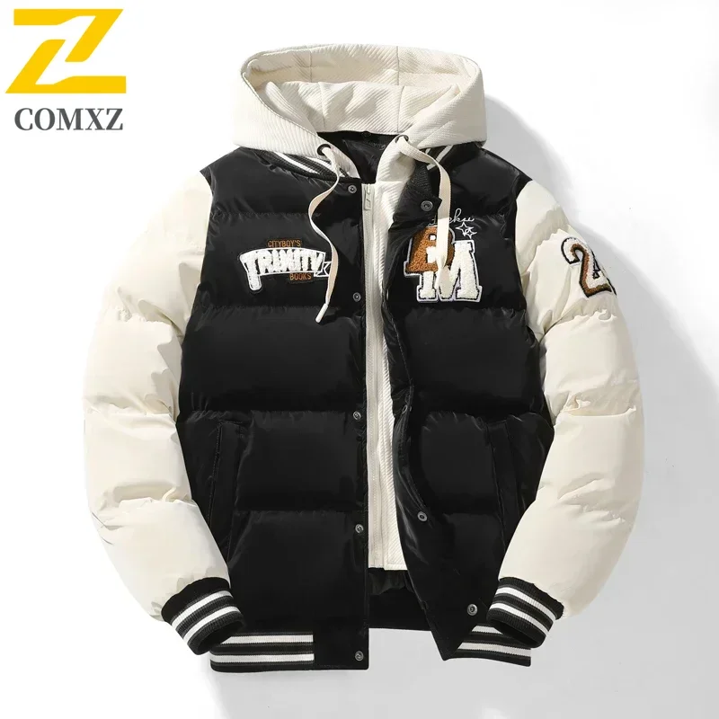 Winter Baseball Jacket 2024 New Embroidered Design Youth Coat Outdoor Fake 2-piece Men's Sports Hooded Cotton Jacket Plus Size - Image 5