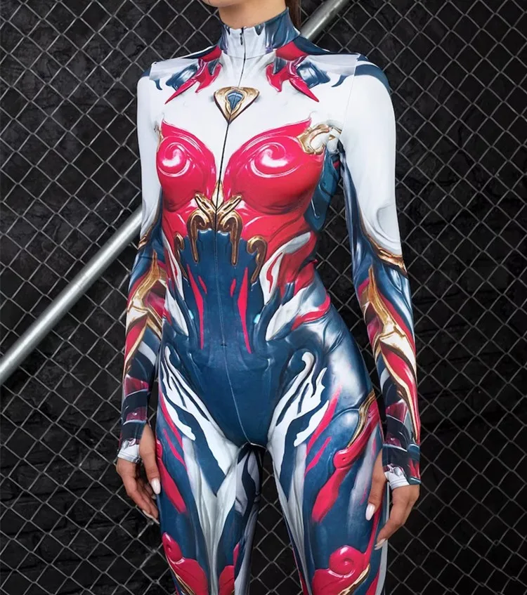 Erwachsenen-Sportanzug mit hoher Taille, Damen-Cosplay-Kostüm, sexy Anzug mit blauen Farbelementen, Muskel-Halloween-Bodysuit – Detail 18