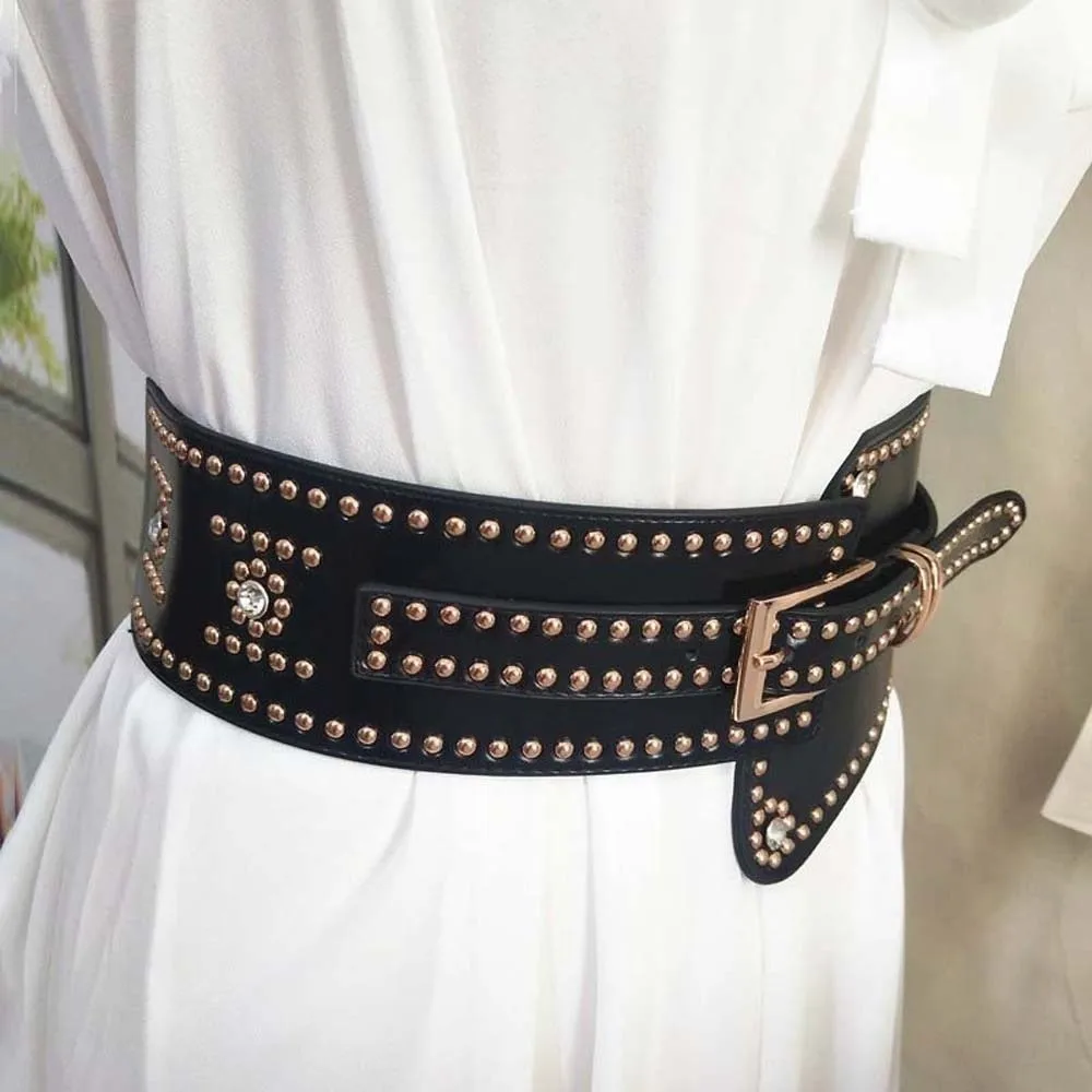 調節可能なリベットワイドウエストバンド、パーソナライズデザイン、ラインストーン、y2kクールガールズベルト、アメリカンスタイルジーンズデコレーション