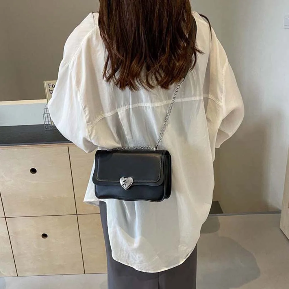 

Heart Alloy Decoration PU Crossbody Bag Magnetic Buckle Foldable Women's Shoulder Bag Solid Color Large Capacity