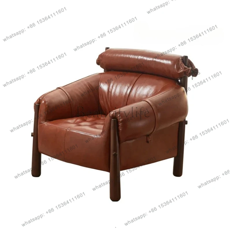 

Medieval single sofa chair retro oil wax leather living room creative art villa room negotiation chair