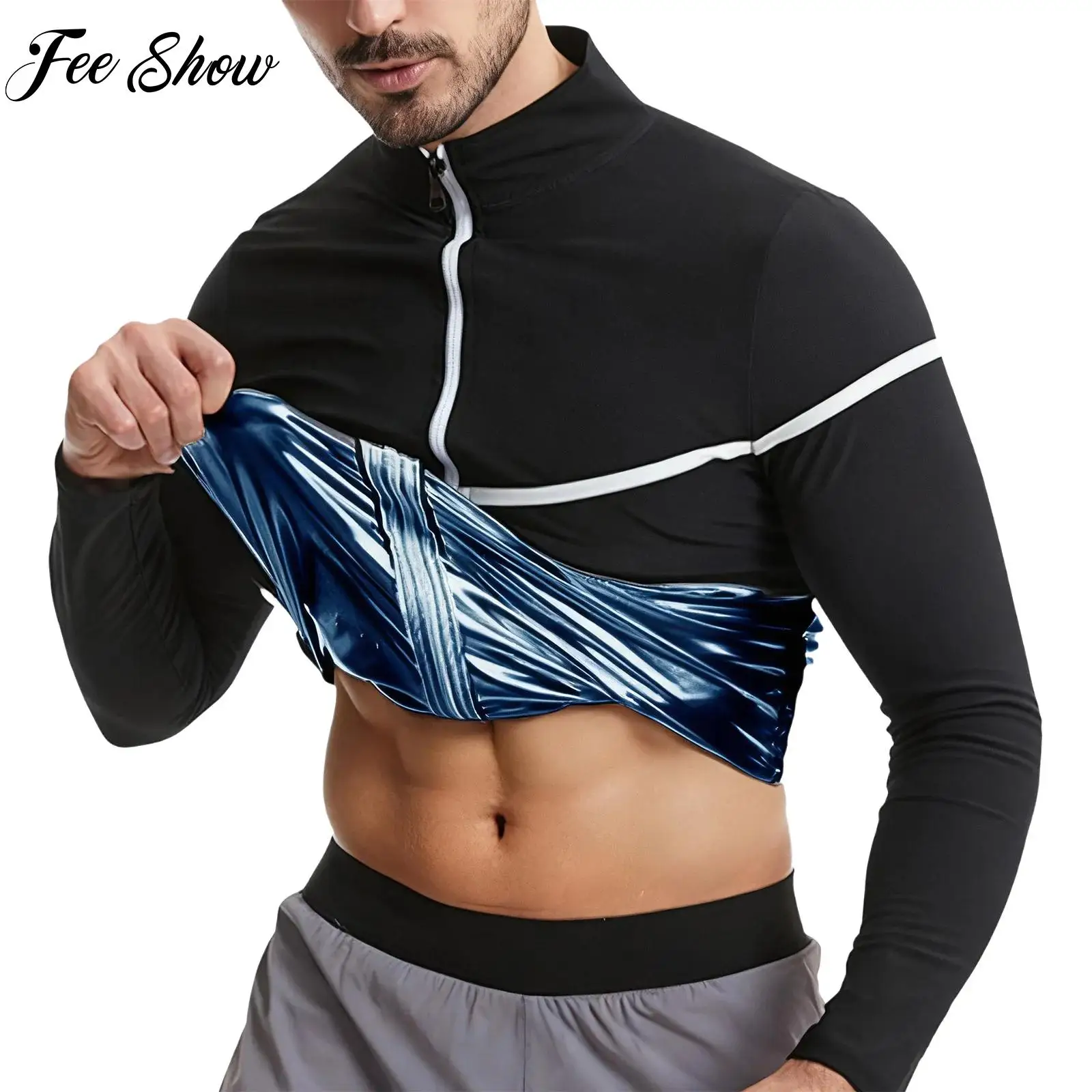 

Men Sweat Sauna Top Body Shaper Bodybuilding Workout Zipper Sweatshirt Stylish Long Sleeve Contrast Color Trim Jacket Sportswear
