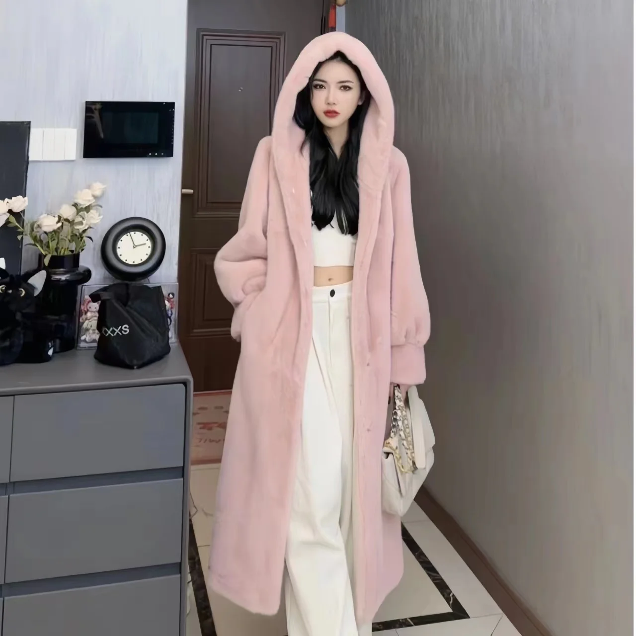 Single Breasted Faux Mink Fur Coat for Women,Hooded Long Jacket,Thick Warm Clothes,England Style,Autumn and Winter, 2024