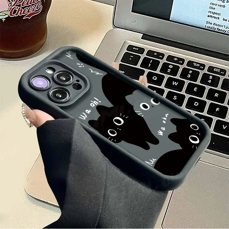 Amazed Black Cat Phone Case For iPhone 15 14 13 12 11 Pro Max XS X XR 8 7 Plus SE 2020 Liquid Silicone Shockproof Soft Cover