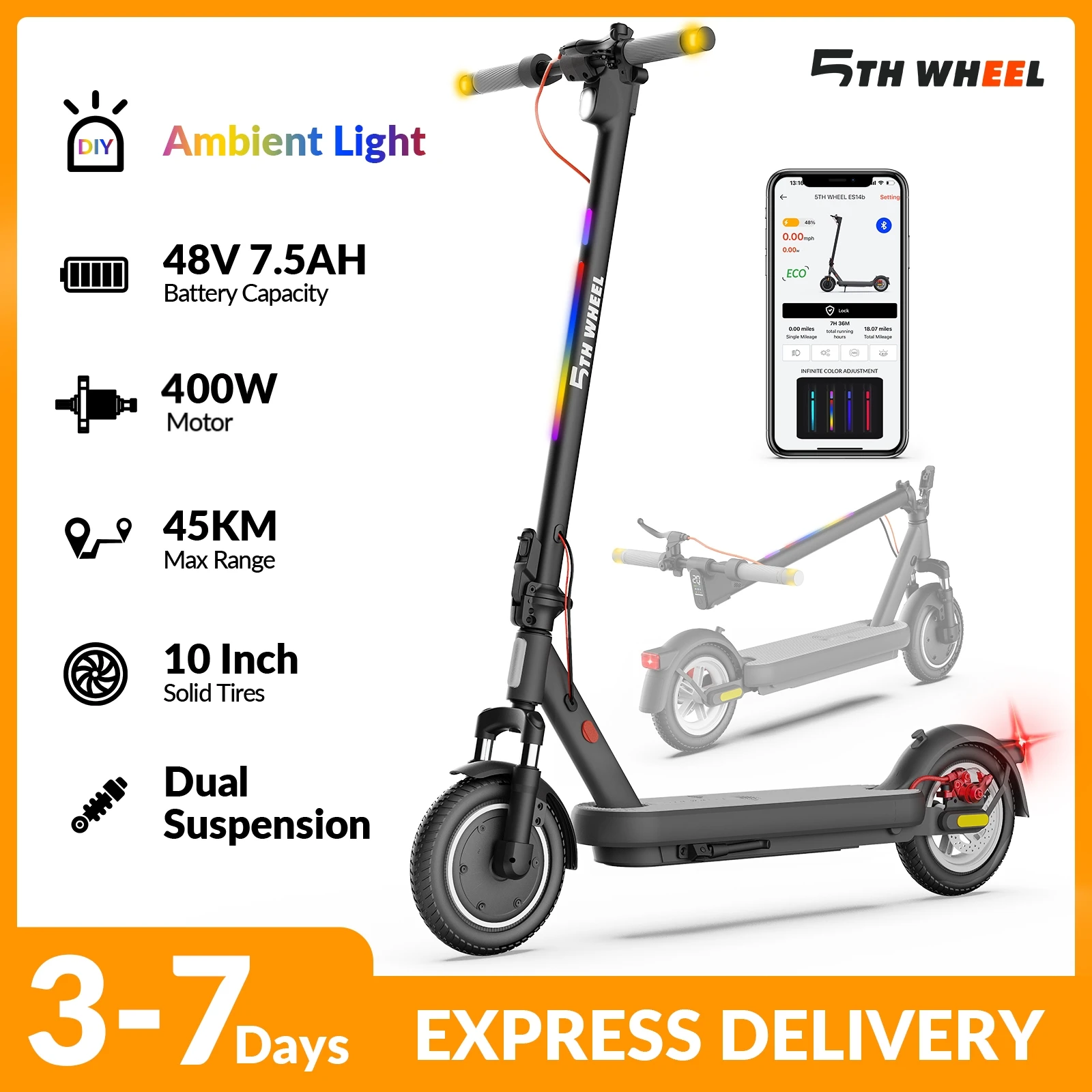 Image of Ohne ABE！5TH WHEEL 400W E-Scooter für Erwachsene, 25 km/h Höchstgeschwindigkeit, 48V Batterie mit bis zu 45 km Reichweite, stoßdämpfende 10"-Reifen, intelligente LED-Leuchten und Signale