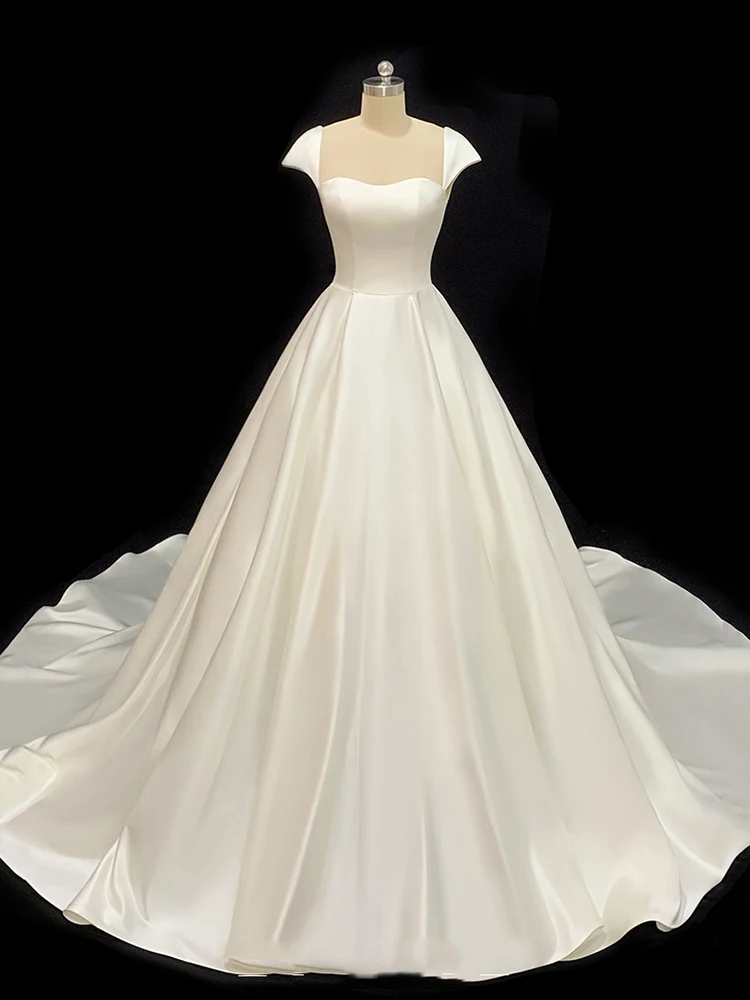 Luxury French White Satin Trailing Bride Wedding Dress Sexy Strapless Ball Gown Evening Prom Dresses Women Summer Party Dress