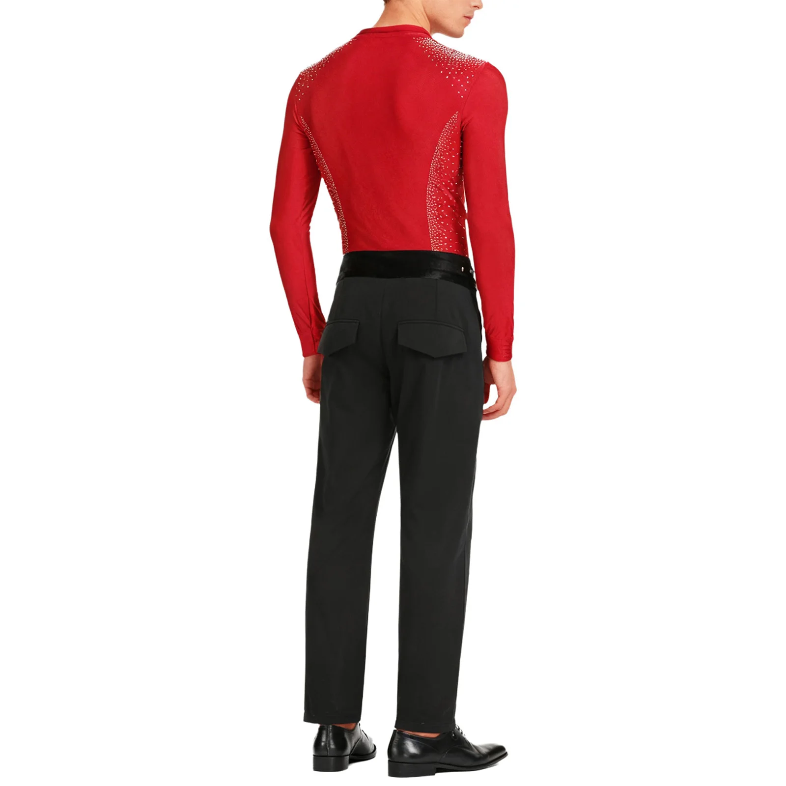 ملابس الرقص اللاتينية للرجال بأكمام طويلة لامعة مرصعة بأحجار الراين الشبكية بدلة وسراويل للتزلج على الجليد ملابس رقص باليه تشاتشا #2