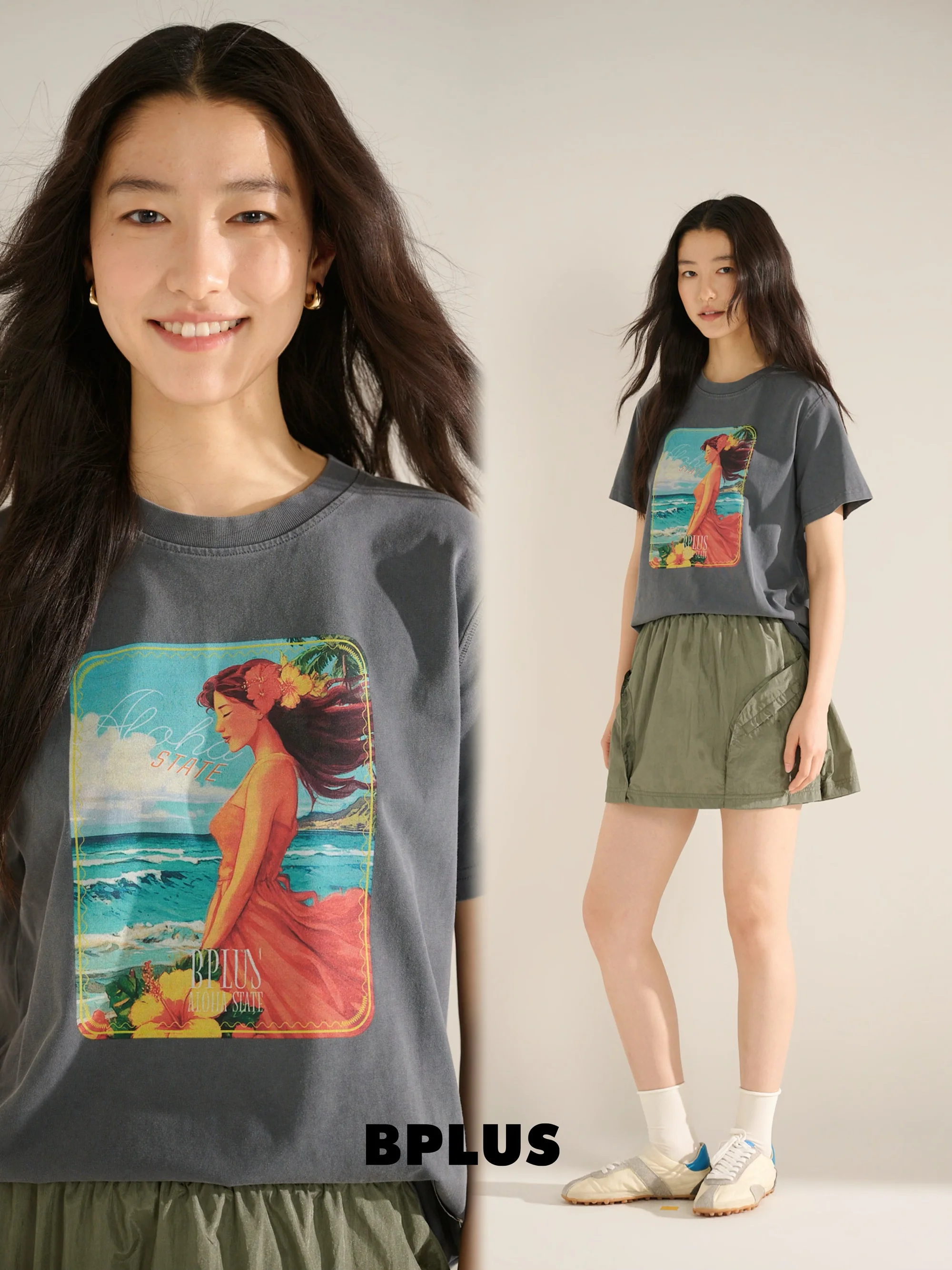 

BPLUS26 Spring Summer New American Washed Carbon Grey Hawaii Girl Print round Neck Casual Short Sleeve T-Shirt Women's Fashion