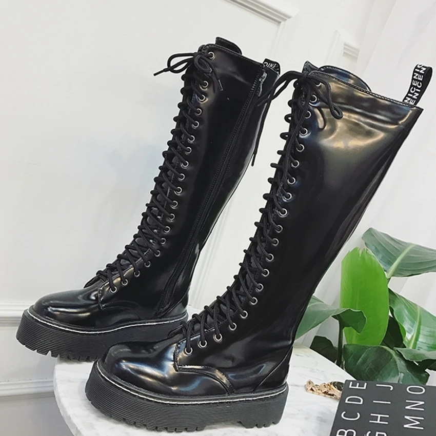 Platform Oxfords Shoes Women Lace Up Patent Leather Knee High Motorcycle Boots Female Winter Warm Round Toe Thigh High Creepers