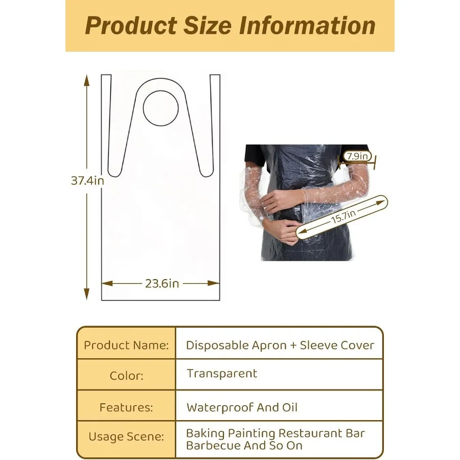 مآزر مقاومة للماء للاستعمال مرة واحدة مع أغطية أكمام للذراع في المواد البلاستيكية 40 عدد مثالي لطلاء الطبخ والجوارة المنزلية