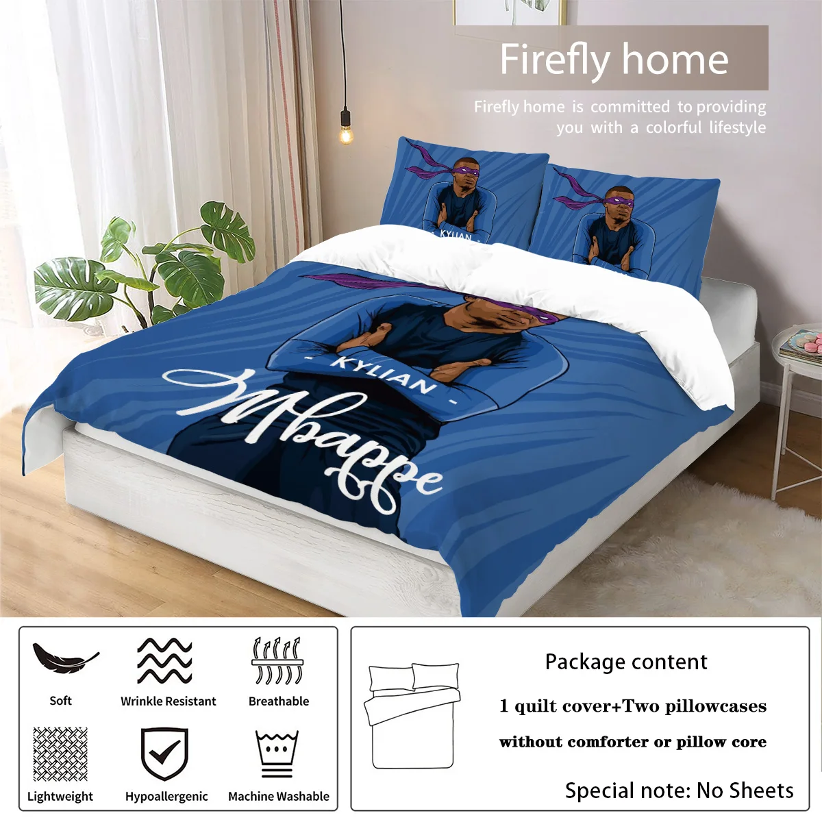 3pcs blue Mbappe cartoon print bedding set, 1 quilt cover + 2 pillowcases, no filling, skin-friendly, anti-pilling