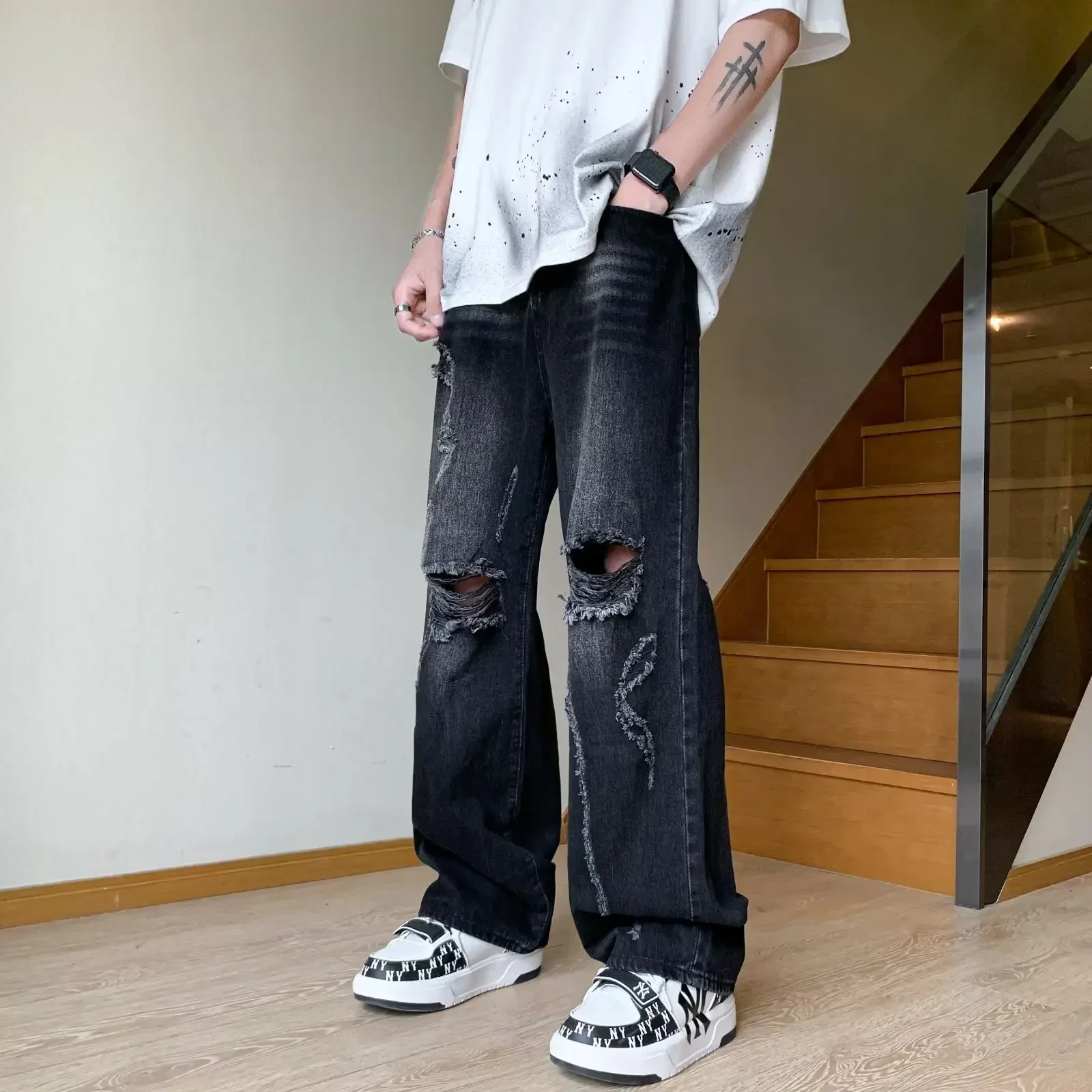 American Retro Washed Distressed Jeans for Men Korean Fashion High Street Hip-hop Loose Straight Leg Pants Y2k Japan Streetwear