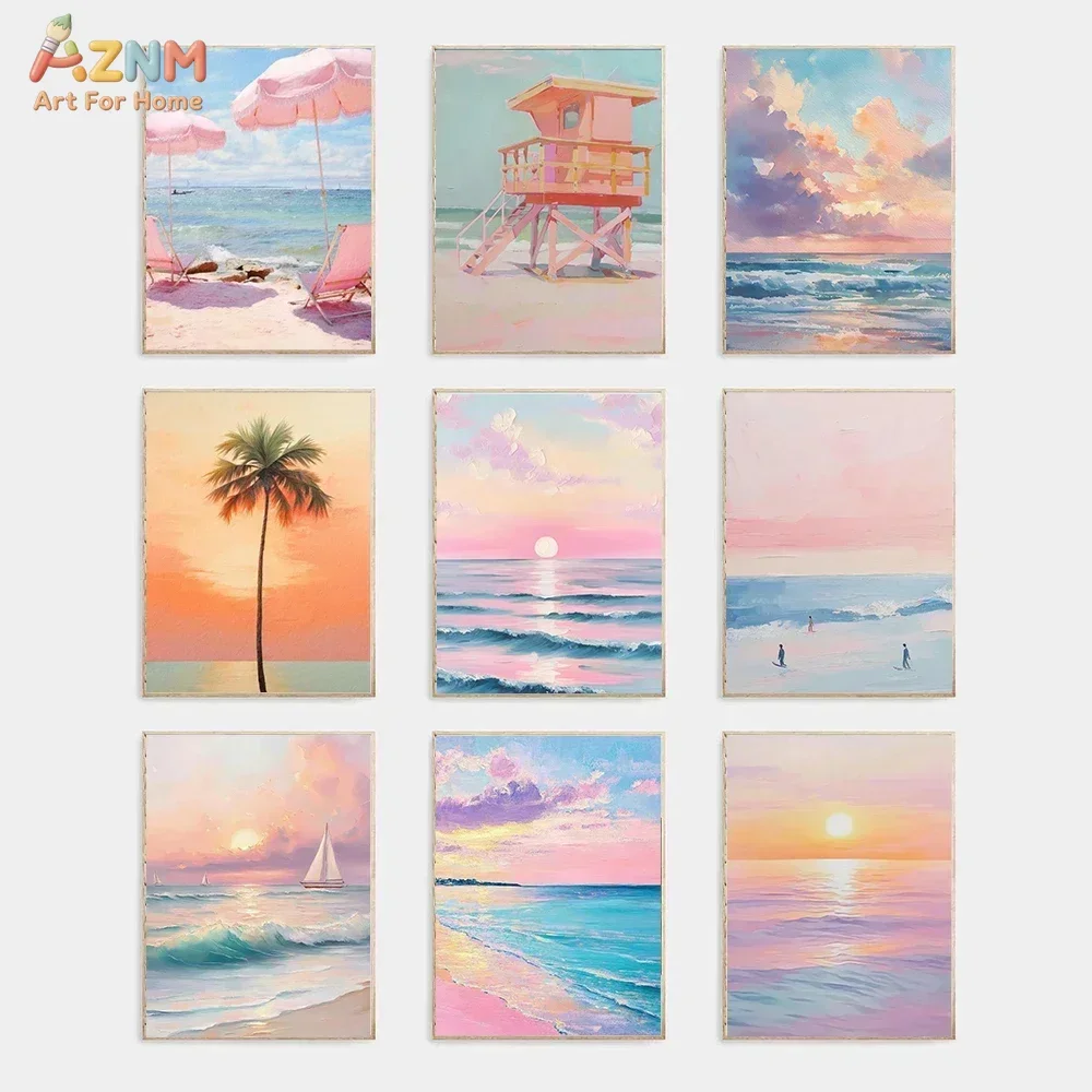 AZNM Pastel Pink Beach Canvas Wall Art, Sunset Ocean Palm Tree Sailboat Lifeguard Tower Print, Soft Color Summer Coastal Poster