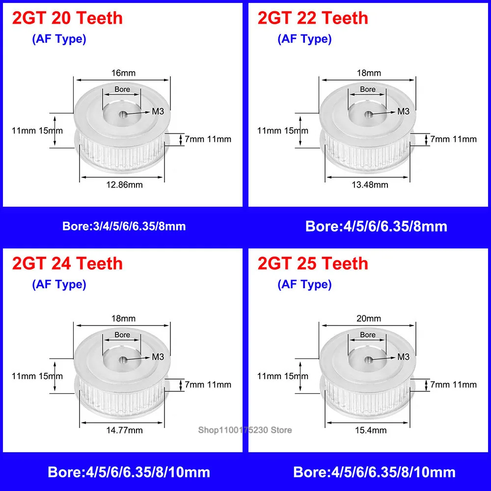 2GT Timing Pulley 20 Teeth-32 Teeth AF Type Bore 3/4/5/6/6.35/8/10/12/12.7mm For 2GT GT2 Synchronous Timing Belt Width 6/10mm