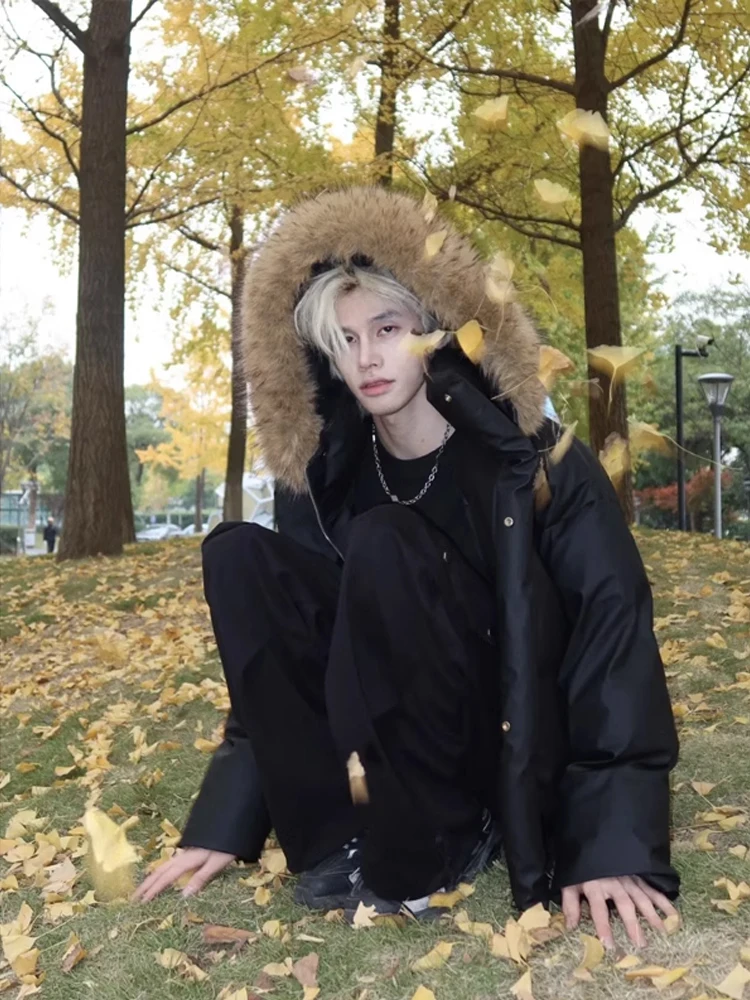 เสื้อโค้ทกันหนาวบุขนสไตล์อเมริกันสำหรับผู้ชาย แบรนด์ทันสมัย แต่งฮู้ด ผ้าฝ้าย คอปกขนสัตว์